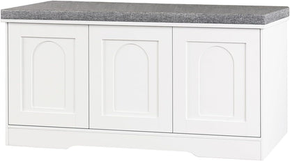 DINZI LVJ Shoe Bench, Entryway Storage Bench with Doors, Cushion, 3-Tier Shoe Rack with 9-Cubby, 39.4" L x 13.8" W Shoe Organizer Cabinet, Fully Adjustable Shelves, Living Room, Bedroom, White