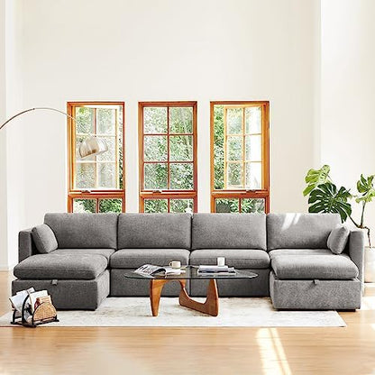 CHITA Oversized Modular Sectional Fabric Sofa Set, Extra Large U Shaped Couch with Reversible Chaise, 146 inch Width, 6 Seat Modular Sofa with Storage Ottamans, Grey | Oversized Modular Sectional Sofa Set, FSC Certified, U Shaped Couch, with Reversible