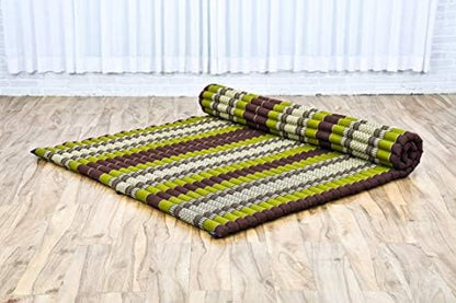 Leewadee - Foldable Floor Mattress - Japanese Roll Up Futon -Trifold Tatami Mat- Guest Floor Bed - Camping Mattress - Thai Massage Mat, Kapok Filled, 75 x 57 inches, Brown Green