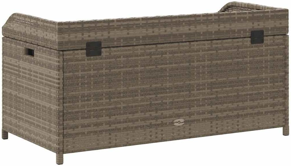 Poly Rattan Storage Bench with Gas Spring Lid, Grey Brown Acacia Wood Seat, Water-Resistant Outdoor Patio Organizer for Cushions and Tools