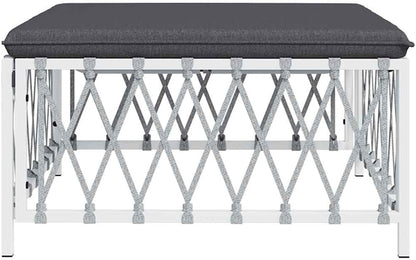 Patio Footstool with Cushion, White Woven Fabric Ottoman, Powder-Coated Steel Frame, Thickly Padded Seat for Garden Relaxation