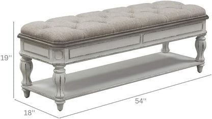 Starlight Canyon Home Antique White Bedroom Bench with Storage Shelf, Upholstered End of Bed Bench with Faceted Legs and Ivory Tweed Seat for Elegant Comfort