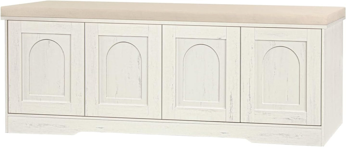 DINZI LVJ Shoe Bench, Entryway Storage Bench with Doors, Cushion, 2-Tier Shoe Rack with 8-Cubby, 47.2”L x 13.8”W Farmhouse Shoe Organizer Cabinet, Adjustable Shelf, Living Room, Bedroom, Rustic White