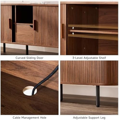 ONBRILL 69" TV Stand with Power Outlet for TVs up to 80", Walnut | Entertainment Center with Storage and Drawer TV Console w/ Adjustable Shelves & Sliding Door TV Stand for Living Room Bedroom