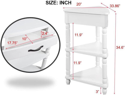Small Triangle Corner Table Wood Corner Side Tables with Drawer & 2 Open Shelves 3 Tier End Corner Table with Solid Wood Legs for Small Spaces Living Room - Milk White