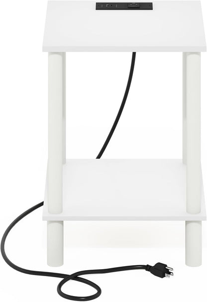 Furinno Turn-N-Tube Side Table, 2-Tier Square End Table with Charging Station, Night Stand, Bedside Table with USB and Type-C Port, for Living Room, Bedroom, White
