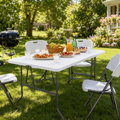 Camp Field 4FT Folding Table, Heavy Duty, 330 lb Capacity, White | 4 Foot table for dining, parties, games, picnics and camping, with durable plastic top and space-saving folding design.