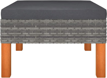 Poly Rattan Footstool with Solid Eucalyptus Wood Legs, PE Rattan Outdoor Indoor Footstool with Removable Washable Cushion, Powder-Coated Steel Frame Garden Footrest for Relaxing