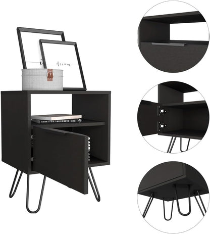Nightstand, End Table, Side Table Single Door Cabinet, Hairpin Legs -Black,for Small Spaces