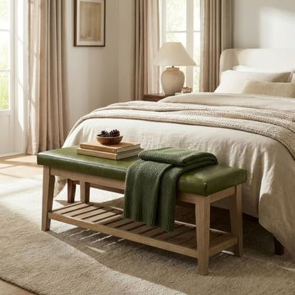 HUIMO Entryway Shoe Bench with Cushion, End of Bed Bench,Upholstered Bench for Kitchen, Bench with Solid Wood Shelf, Leather Ottoman Bench for Hallway, Living Room (PU-Green)