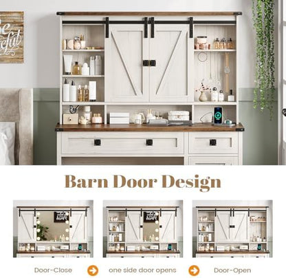 AOGLLATI Makeup Vanity with Lights & Barn Doors, Vanity Desk with Mirror and Lights & Charging Station, Farmhouse White Vanity Table with Jewelry Hooks and Open Storage Shelves
