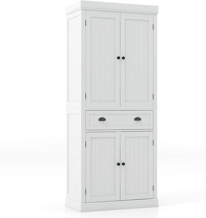 Giantex Pantry Organizers and Storage, 72" Tall Kitchen Cabinet with 2-Door Cabinets & Drawer, Buffet Sideboard w/Adjustable Shelves, Wooden Freestanding Cupboard for Dining Room Living Room (White)