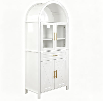 71" Tall Arched Kitchen Pantry Cabinet with Glass Doors - Farmhouse Storage Cabinet with Adjustable Shelves & Barn Door Design - Freestanding Cupboard for Kitchen, Dining & Living Room (White)