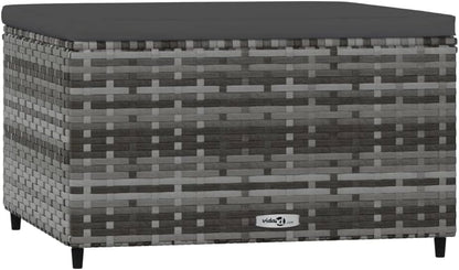 Patio Footrest with Cushion Gray Poly Rattan Weather Proof Outdoor Footstool for Garden Dining Relaxation