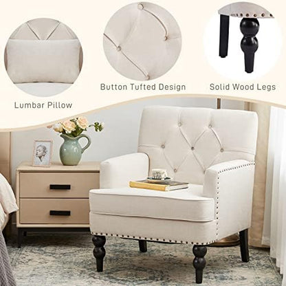 HUIMO Accent Chair, Tufted Upholstered Club Chair, Beige | Upholstered Fabric Armchairs, Button Tufted Reading Chairs for Living Room, Bedroom