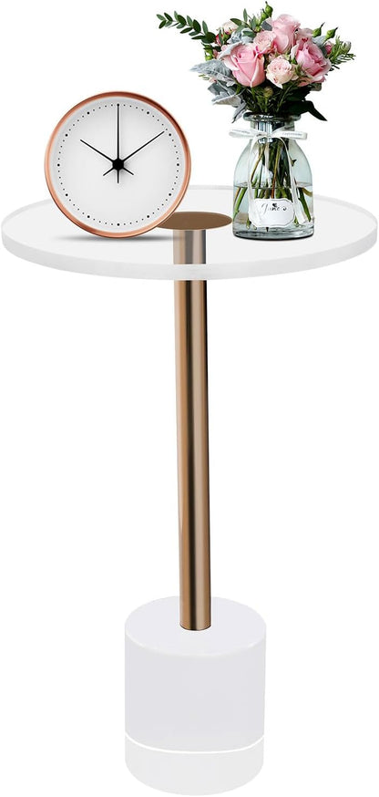Modern Side Table with Cylindrical Base, Clear Acrylic End Table, Brushed Brass Metal Side Table for Office Living Room and Bedroom (Medium Round Base)