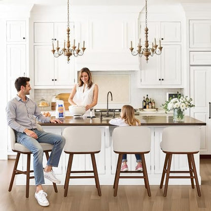 LUE BONA Bar Stools Set of 3, 27.6" Wooden Legs, Fabric in Beige