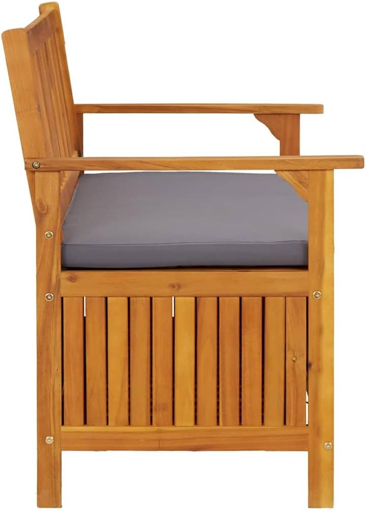 Solid Acacia Wood Patio Storage Bench 47.2 Inch with Seat Cushion, Outdoor Garden Bench with Armrests and Storage Compartment