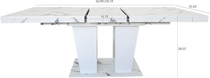 78.74" Extendable Dining Table for 6 8 10 Person, Modern White Faux Marble Expandable Kitchen Table with Dual Column Pedestal, Large Rectangle Wooden Expanding Table for Kitchen Dining Conference Room