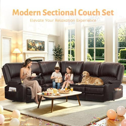 Upgraded 5 Seater Reclining Sofa Set, Modern Living Room Couch (Pu,Brown) | Home Theater Seating with Removable Console, Recliner Sectional Couch with Storage, Reclining Sectional Couch Set with USB