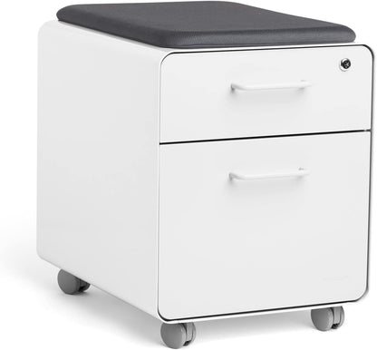 Poppin Mobile Mini Sittable Stow Rolling File Cabinet - White with Dark Gray Seat Cushion. Two Locking Drawers and One Key Lock. Two Keys Included. One Utility Drawer and One Hanging File Drawer