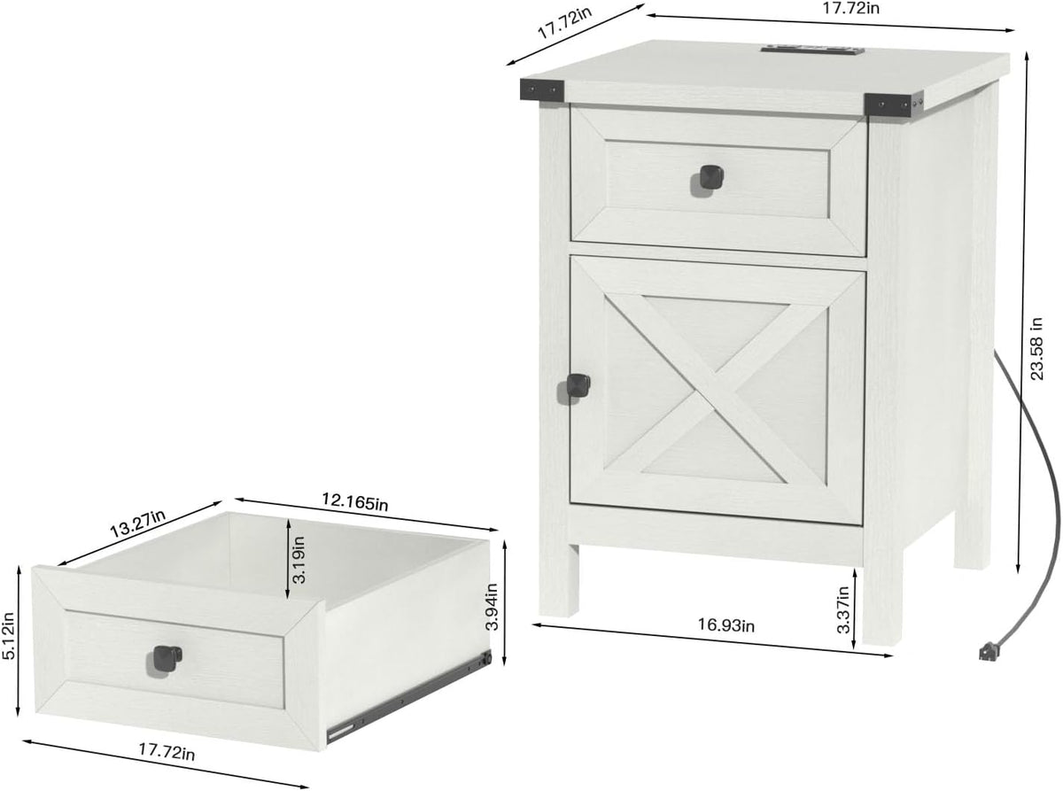 Farmhouse Nightstand with Charging Station, White Side Table, Rustic End Table with Barn Door and Drawer, Rustic Floating Nightstands Modern Bed Side Table Night Stand for Bedroom and Living Room
