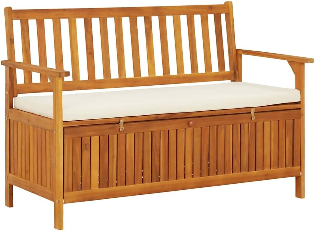 Patio Storage Bench Solid Acacia Wood Outdoor Garden Bench with Cushion, 47.2 Inch 2-Person Seating with Storage Chest for Hallway, Entryway, Backyard, Natural Brown Finish