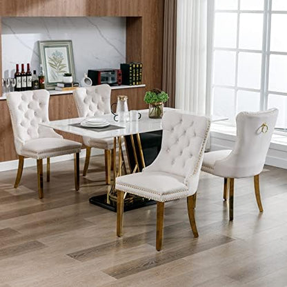 Velvet Dining Chairs Set of 4, Mid Century Tufted Dining Room Chairs with Nailhead Back Ring, Metal Legs, Modern Style for Kitchen, sillas de comedor (Beige, Golden Legs, 4 Pcs)