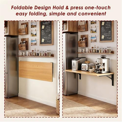 Need 47x20 Inch Wall Mounted Folding Table for Office Laundry Teak | Black Frame Fold Down Wall Mount Desk Folding Wall Table for Small Apartment, Garage&Ironing Station