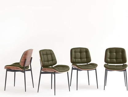 GrandNoor Mid Century Modern Dining Chairs with Walnut Grain Back, Green Faux Leather Dining Room Chairs Set of 4, Checkered Soft Cushion Kitchen Chairs with Adjustable Foot Pads