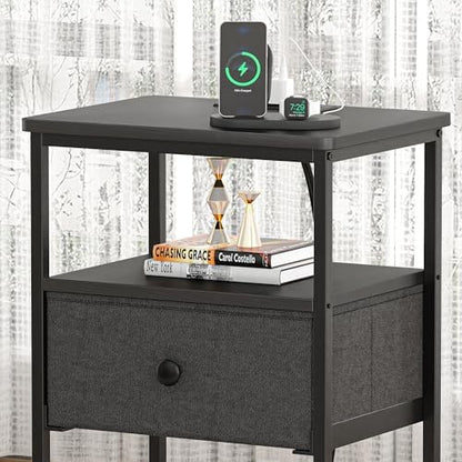 VECELO Nightstands with Charging Station Set of 2,Bedside Tables with Storage Shelf&Fabric Drawer,End Tables for Bedroom,Living Room,Small Spaces,Black