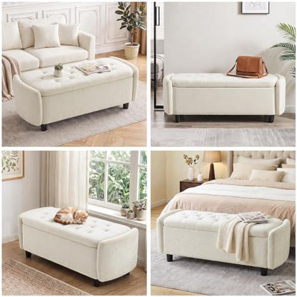 Furniliving 46.5‘’ Chenille Storage Bench, Button-Tufted Upholstered Storage Ottoman Bench with Safety Hinge, End of Bed Bench for Bedroom Entryway Living Room, Beige