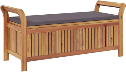 Solid Acacia Wood Garden Storage Bench with Dark Grey Cushion, Outdoor Patio Seat with Under-Seat Storage, Oiled Finish for Weather Protection, Easy Assembly