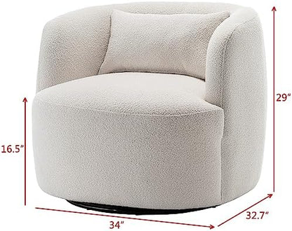 KINWELL 34" W Sherpa Swivel Barrel Accent Chair with Pillow, Cream