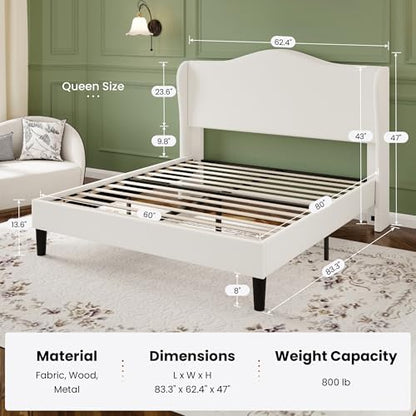SHA CERLIN Queen Size Bed Frame with Curved Wingback Headboard,Soft White