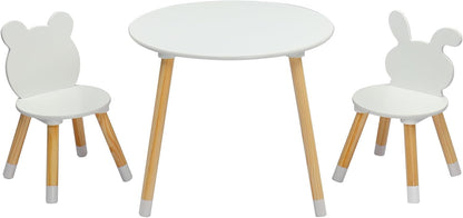 3 Pieces Multi-Activity Round Tables,Wood Table and Chairs Set,Study Dining Reading Table Set,Wooden Modern Activity Tables,with Bear & Bunny Seat Back,for Living Room, Bedroom, Playroom (White)