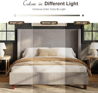 HOWE King Size Bed Frame with 50.8 Inch Corduroy Wingback Headboard, Taupe