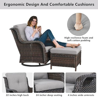 Belord Wicker Outdoor Furniture Patio Furniture Set - 6 Piece Patio Conversation Set with Swivel Rocker Chairs, Rattan Sofa, Ottomans and Coffee Table, Gray Cushion