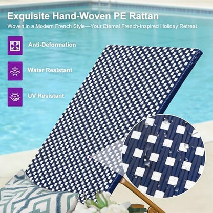 PURPLE LEAF 1 Piece French Patio Chaise Lounge Rattan Teak Frame, Navy | All-weather PE Wicker, Wood-Grain Aluminum Frame, 5 Adjustable Positions, Non-Slip Pads, 440 lbs Capacity, For Pool, Garden