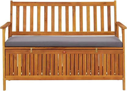 Patio Storage Bench 47.2 Inch Solid Acacia Wood with Hidden Seat Compartment and Cushions for Outdoor Garden Deck Backyard Seating