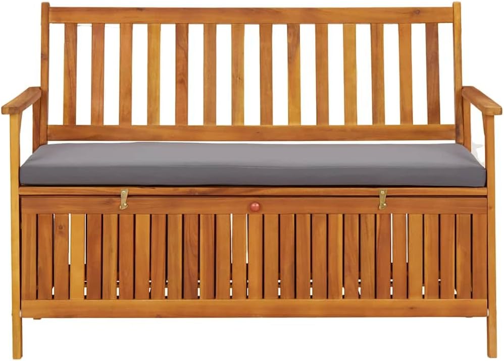 Solid Acacia Wood Patio Storage Bench 47.2 Inch with Seat Cushion, Outdoor Garden Bench with Armrests and Storage Compartment