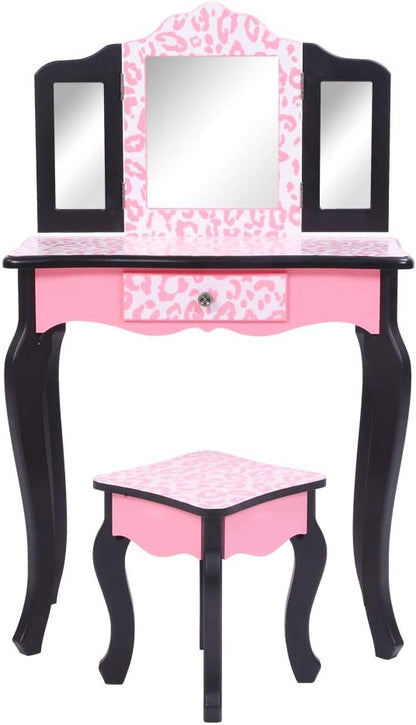 Bonnlo Kids Vanity Set, Modern Princess Vanity Table with Stool, Tri-Folding Mirror Desk for Girls Makeup Dressing Table with Drawer
