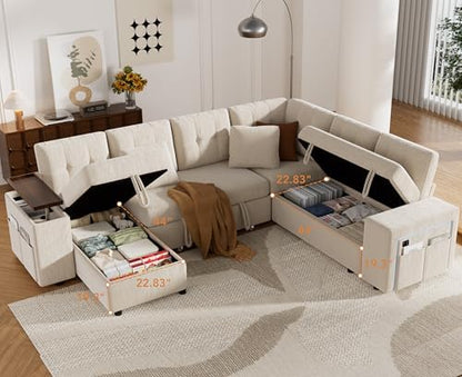 Vipbear 112" Modular Sectional Sleeper Sofa with Pull Out Bed, Chenille Modern 7 Seat L Shaped Couch with Reclining Backrest/LiftTop Storage Chaise Armrests/USB/LED Light/Tool-Free Assembly, Beige