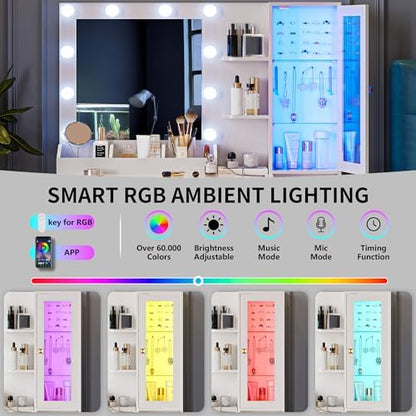 Vanity Desk with Mirror and Lights, Makeup Vanity Table Set with 5 Storage Drawers, Power Outlet & Chair, Small Dressing Table with RGB Ambient Light, Adjustable Brightness for Girls Bedroom, White
