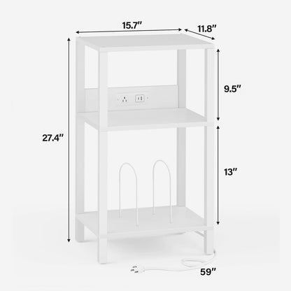 TUTOTAK Record Player Stand with Storage Up to 100 Albums | Record Storage Table, 3 Tier End Table with Charging Station, Side Table for Living Room, Bedroom, White TB01BW076