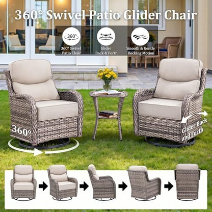 Luxury Outdoor Swivel Rocker Patio Chairs Set of 2 with 6-Inch Thick Cushions, High Back Swivel Patio Chairs Wicker Outdoor Gliders for Porch, Yard, Deck, Poolside, Grey/Beige