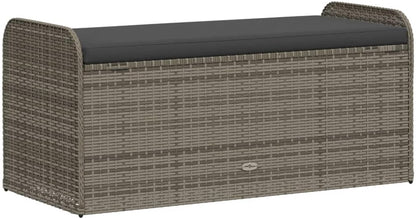 Outdoor Storage Bench with Cushion 45.3 Inch Grey Poly Rattan Patio Furniture Box Seat with Gas Spring Lid for Garden Pool Supplies