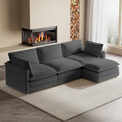 ROWHY 104'' Modular Sectional Cloud Couch with Movable Ottoman, 4 Seat Modern Corduroy Sofa, Deep Seat L Shaped Couch for Living Room Bedroom Apartment, Dark Grey