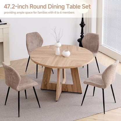 Round Dining Table Set for 4, Kitchen Table and Chairs | Wooden Cross Base, Boucle Fabric Chair, for Apartment