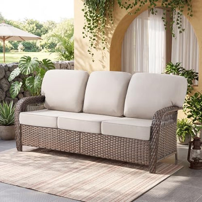 Belord Luxury Outdoor High Back Couch, All-Weather Wicker 3-Seater Sofa, Wicker Patio Furniture for Deck Porch Garden,Beige
